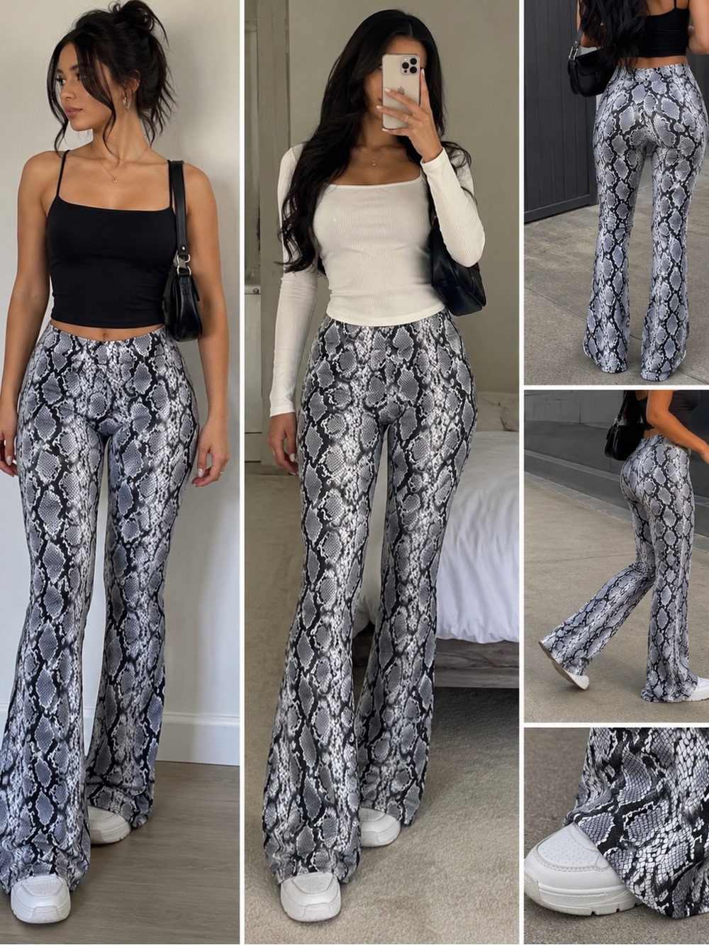 High-Rise Snake Print Flare Pants - Grey Python